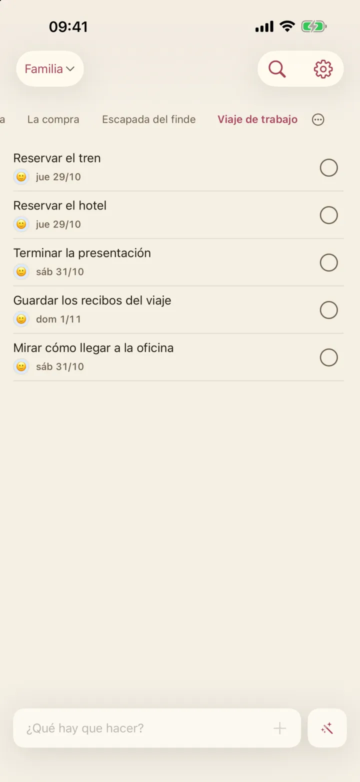 La lista «Viaje de trabajo» añadida desde Claude
