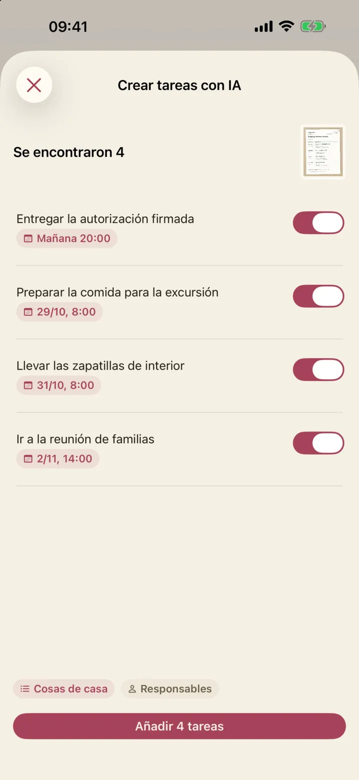 Cuatro tareas que la IA encontró en una foto de una circular del colegio