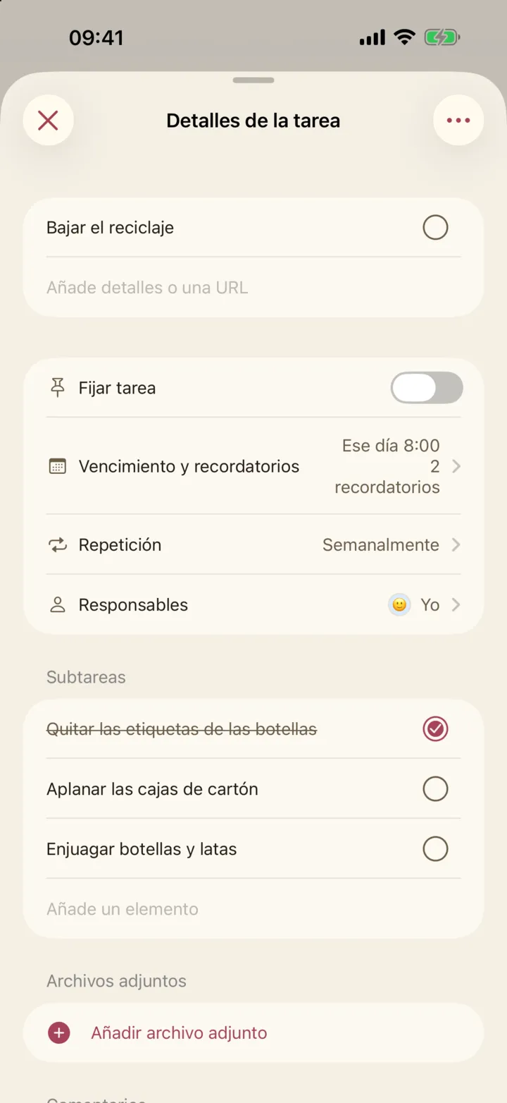 Detalles de «Bajar el reciclaje», con repetición semanal y dos recordatorios