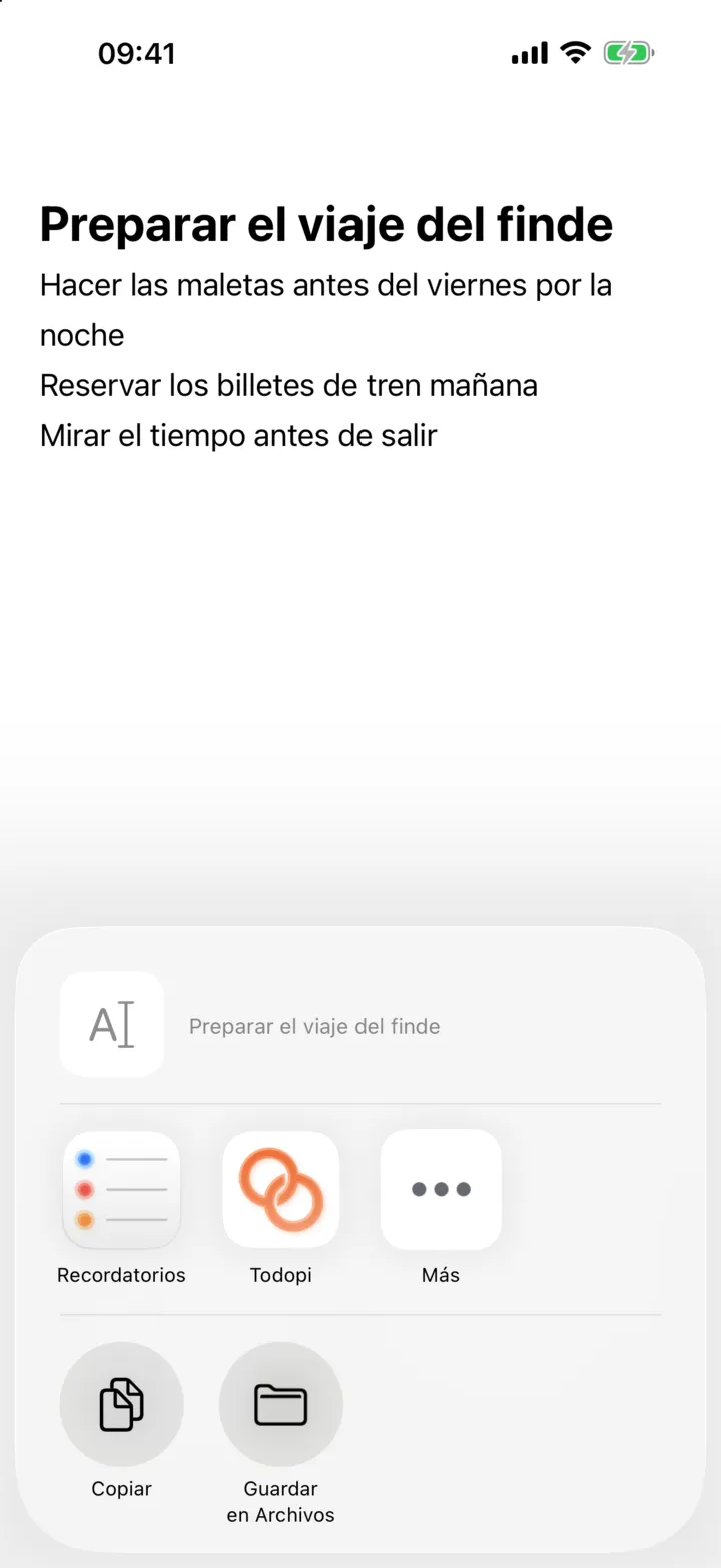 Selección de Todopi en el menú de compartir de Notas